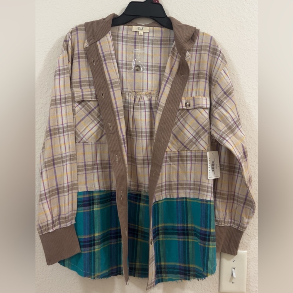 Plaid Button-Up Cardigan with Teal Accent
